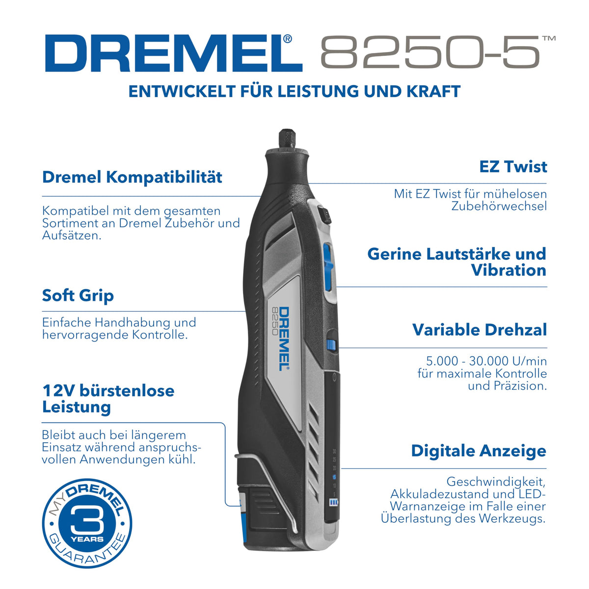 Akku-Rotationswerkzeug 8250 12 V 5000–30000 U/min bürstenlos mit 65 Zubehören 5 Aufsätzen 2 Akkus und Ladegerät