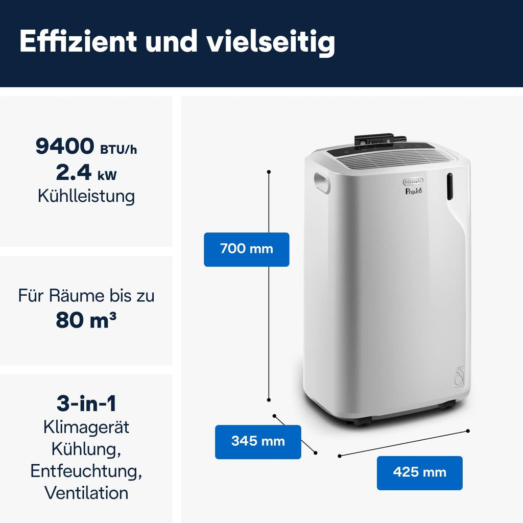 Mobile Klimaanlage PAC EM82 2,4 kW 9400 BTU mit Entfeuchter 24 h Timer 63 dB und Abluftschlauch