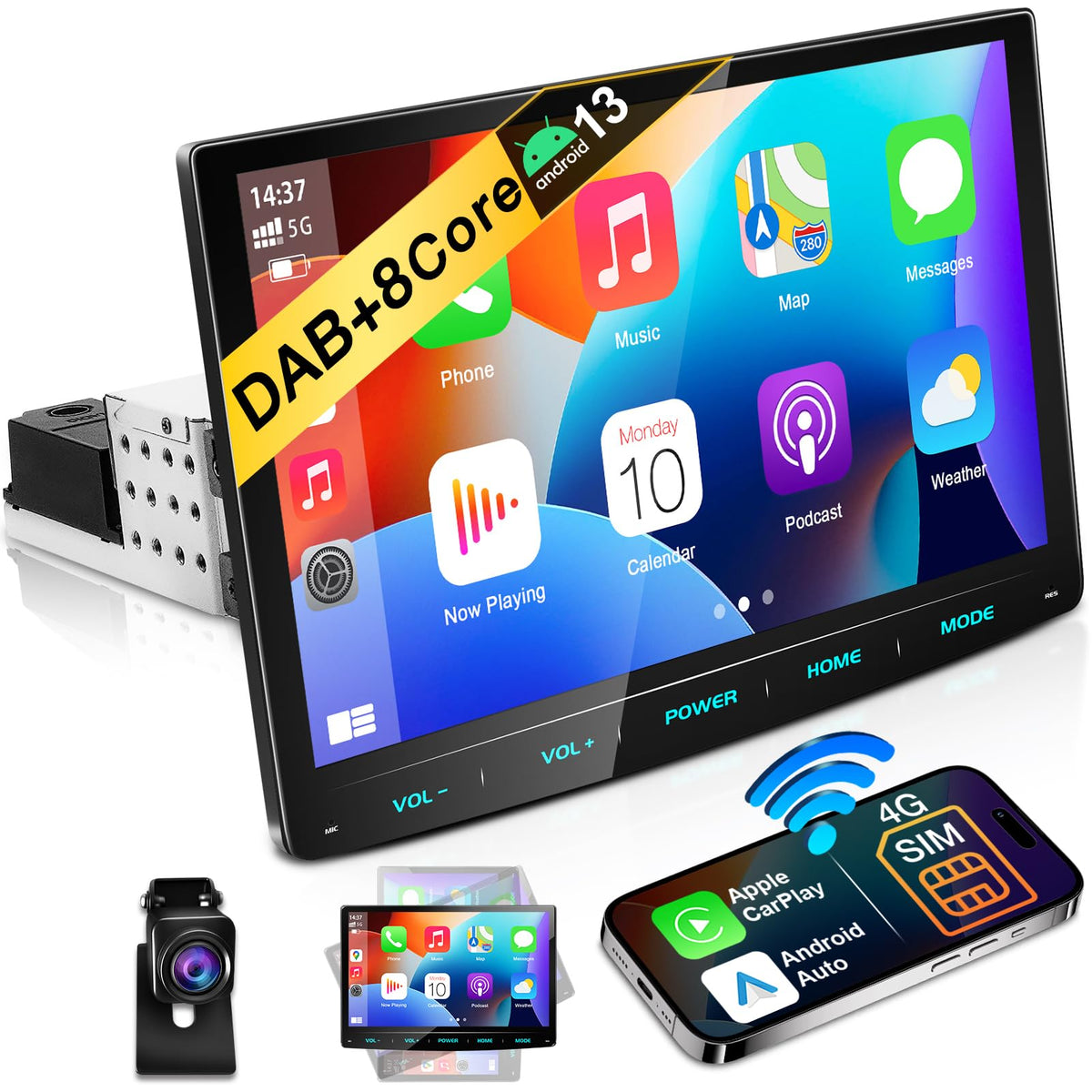 Android 13 Autoradio 10,1 Zoll Wireless Apple CarPlay Android Auto Navi DAB+ 1 DIN Bluetooth 8 Core 32GB WiFi 4G GPS Rückfahrkamera
