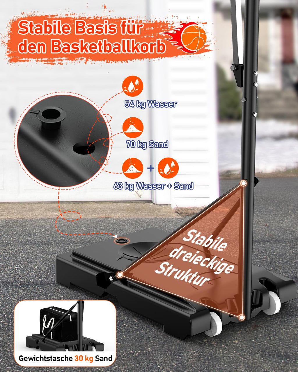 Höhenverstellbarer Basketballkorb LM052 145–305 cm mit 110 x 75 cm Rückwand Rollen und befüllbarer Standbasis
