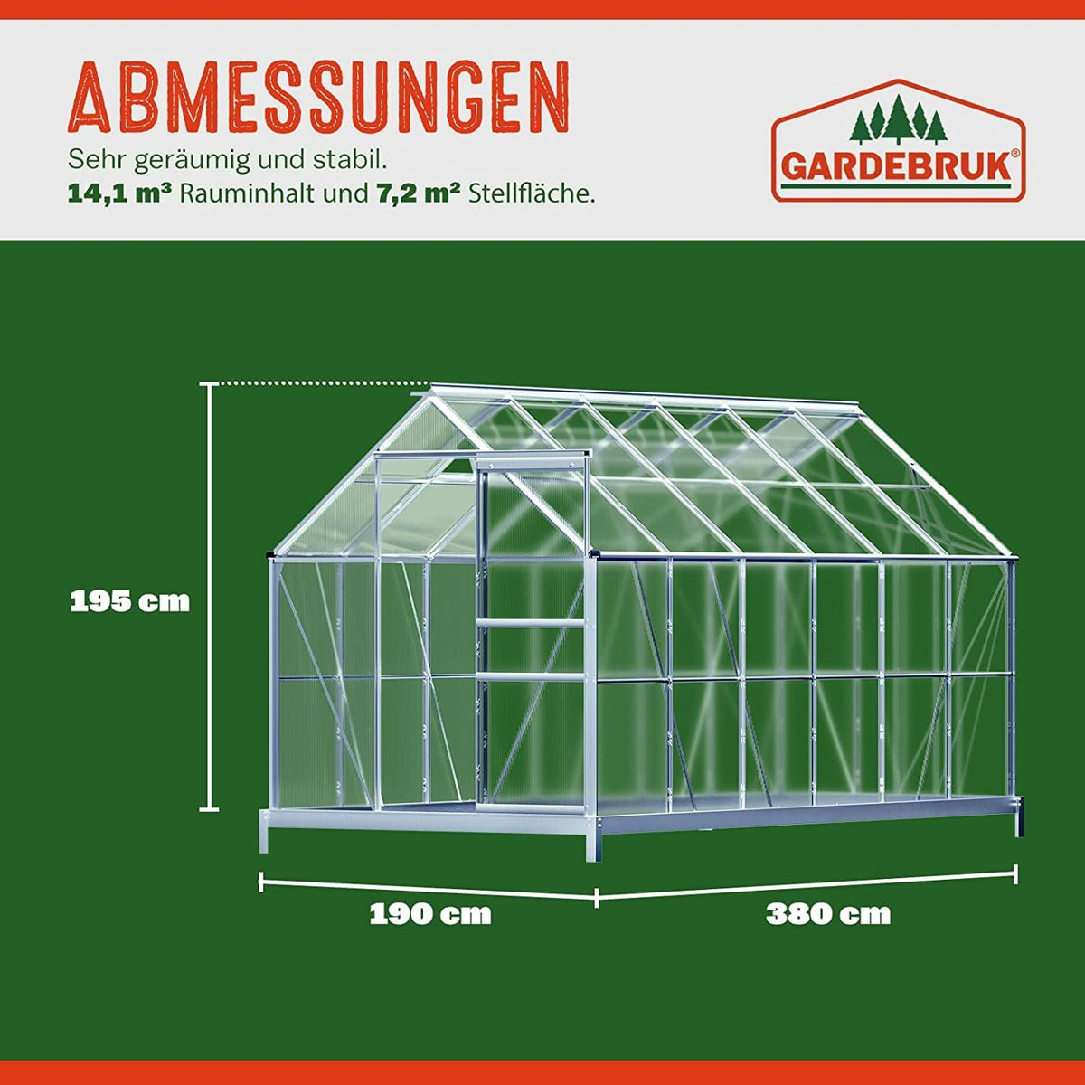 Aluminium Gewächshaus 7,2m² 380x190cm Treibhaus Polycarbonat 4mm 4 Dachfenster mit Fundament