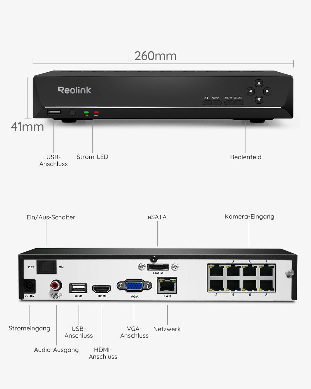 PoE NVR Überwachungsrekorder RLN8-410 8 Kanäle 2 TB Festplatte 4K IP-Kamera Unterstützung