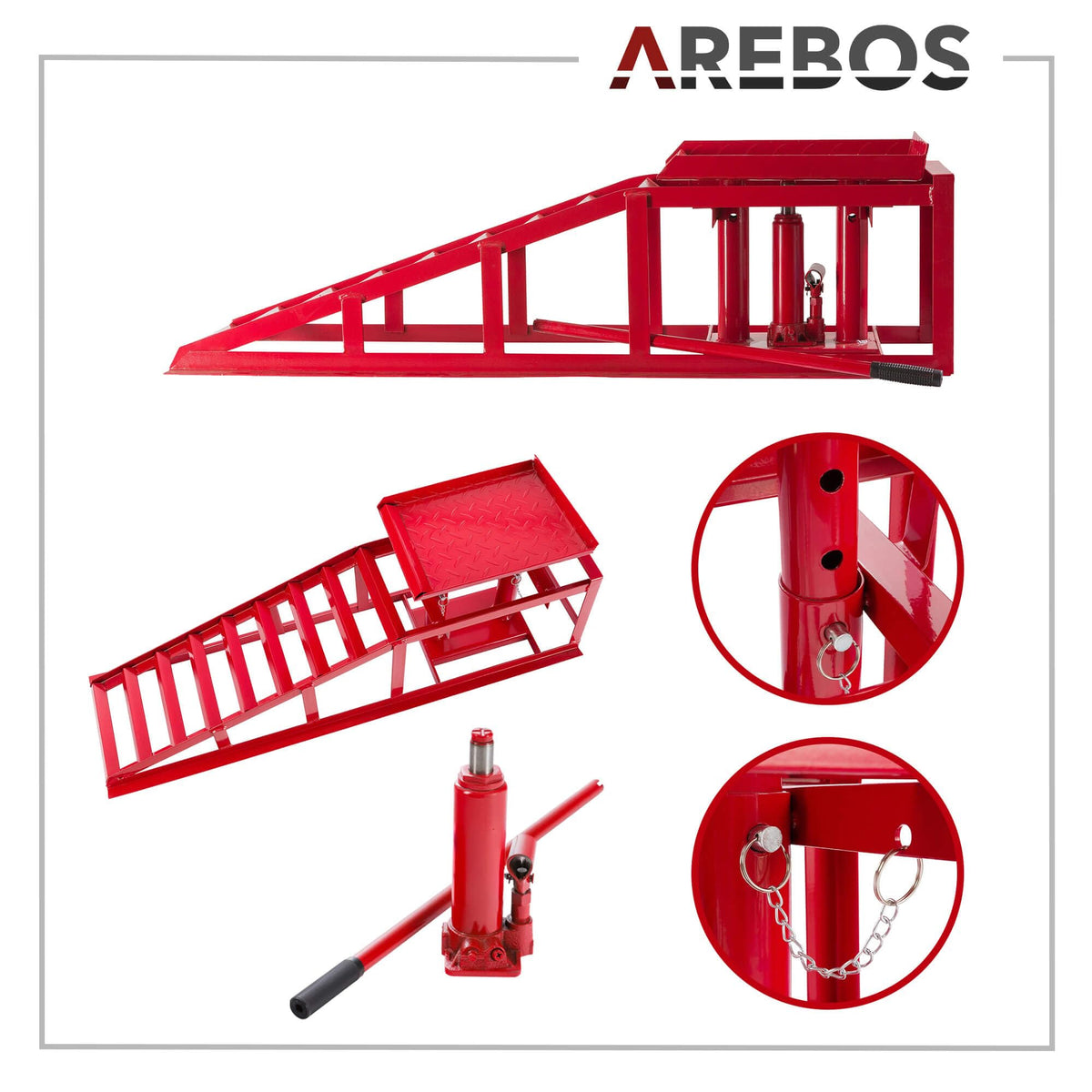 Auffahrrampen mit hydraulischem Wagenheber 2 t höhenverstellbar 290–375 mm Reifenbreite bis 257 mm Stahlkonstruktion