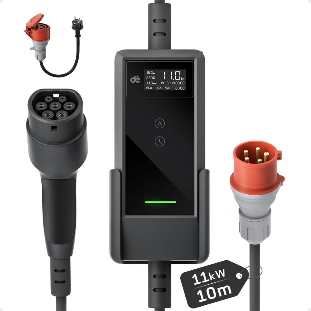Mobile Wallbox deM2D11B10 11 kW Typ 2 Ladegerät 3-phasig 6-16 A mit App-Steuerung 10 m Ladekabel CEE 16A 400V