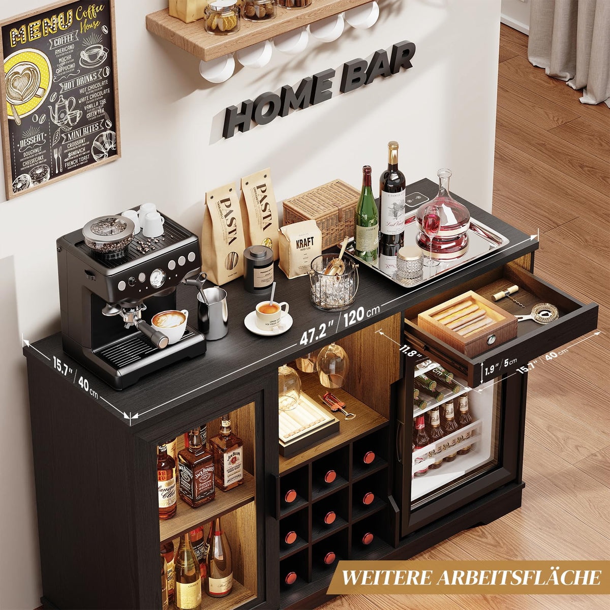 Barschrank mit Kühlschrank WR003B 120 x 40 x 78 cm LED-Beleuchtung 9 Weinregale Bewegungssensor