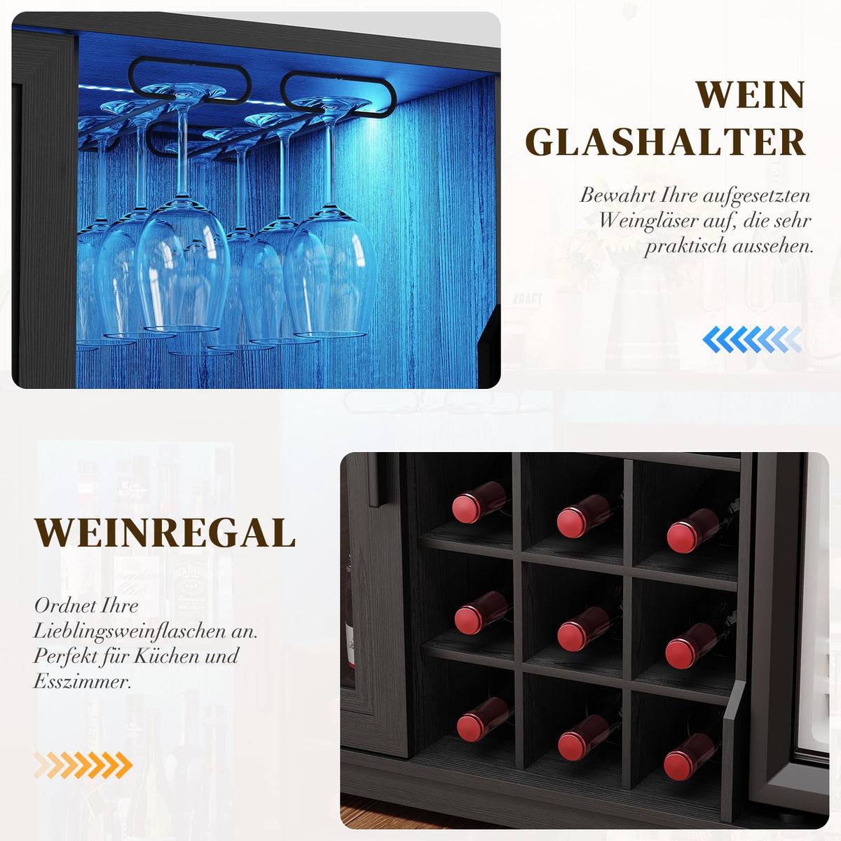 Barschrank mit Kühlschrank WR003B 120 x 40 x 78 cm LED-Beleuchtung 9 Weinregale Bewegungssensor