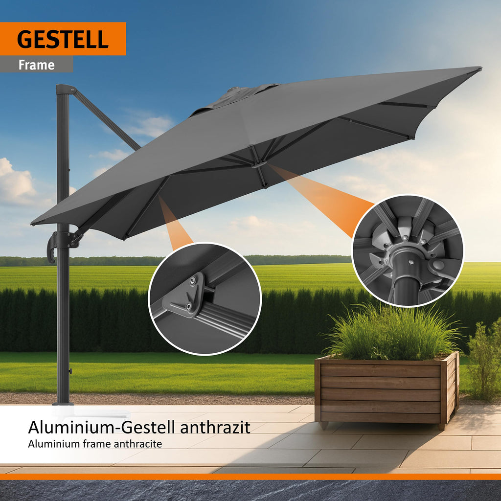 Rechteckiger Ampelschirm RHODOS GRANDE 400 x 300 cm aus Polyester mit Aluminiumgestell Kurbel 360° drehbar Anthrazit