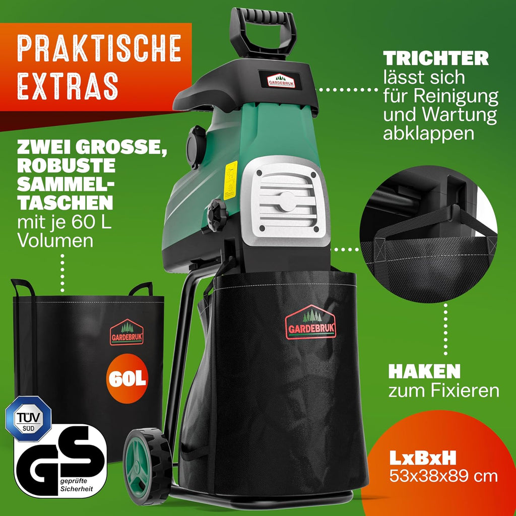 Elektrischer Walzenhäcksler DBHC002 3100 W bis 44 mm Aststärke mit 2 x 60 L Auffangbeuteln
