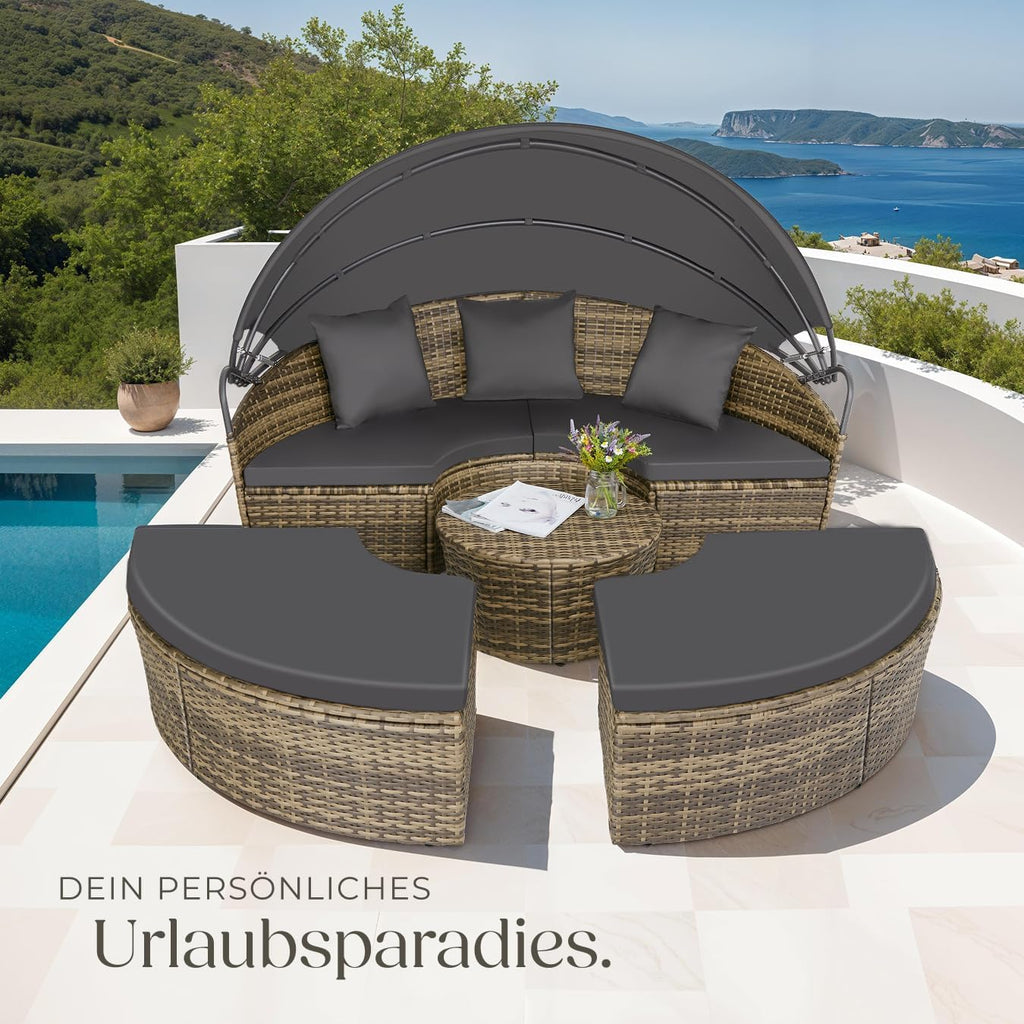 Polyrattan Sonneninsel Santorin II wetterfest 175 x 171 cm mit Sonnendach und Kissen