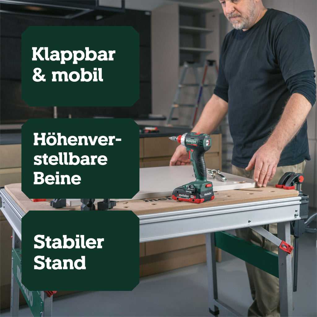 Multifunktionstisch MWB 100 Klappbare Werkbank Montagetisch mit 120 kg Traglast höhenverstellbar 2 Einhandzwingen 4 Bankhaken und 2 Eckverbinder