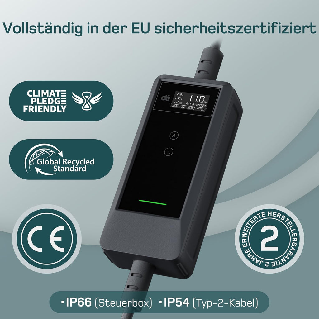 Mobile Wallbox deM2D11B10 11 kW Typ 2 Ladegerät 3-phasig 6-16 A mit App-Steuerung 10 m Ladekabel CEE 16A 400V