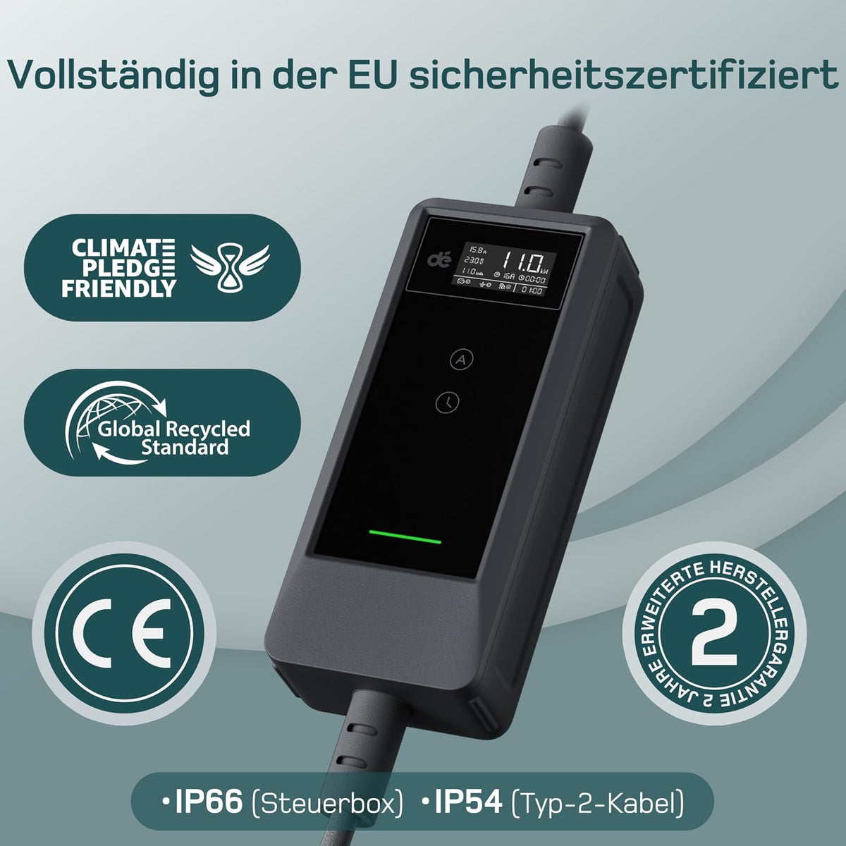 Mobile Wallbox deM2D11B10 11 kW Typ 2 Ladegerät 3-phasig 6-16 A mit App-Steuerung 10 m Ladekabel CEE 16A 400V