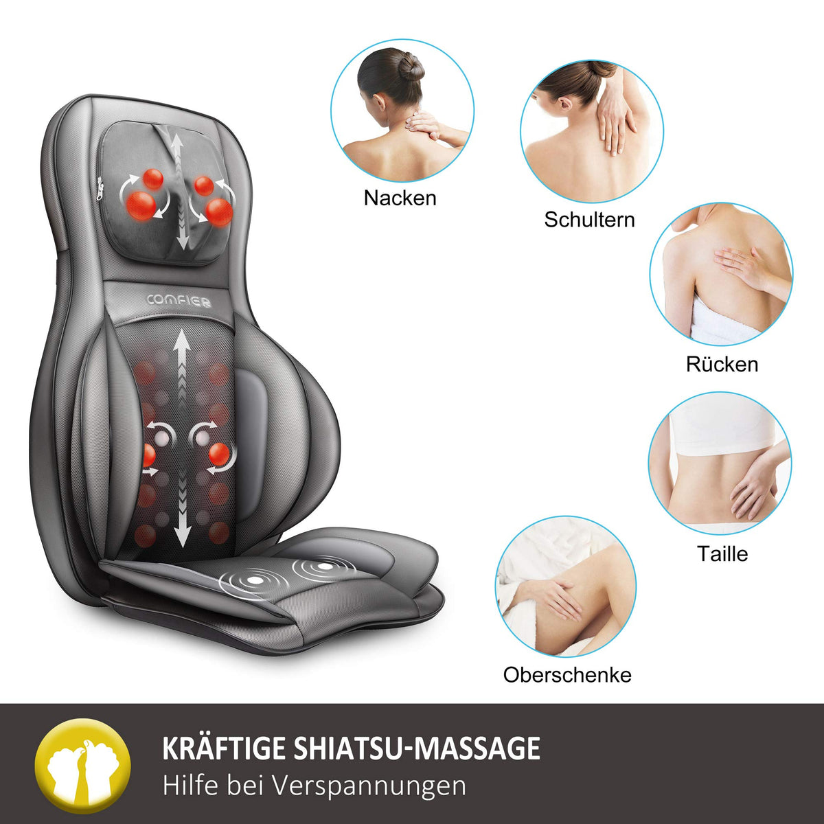 Shiatsu Massagesitzauflage mit Wärme 3D-Knetmassage Rollenmassage 3 Intensitätsstufen 15-Minuten-Timer für Nacken Rücken Schultern