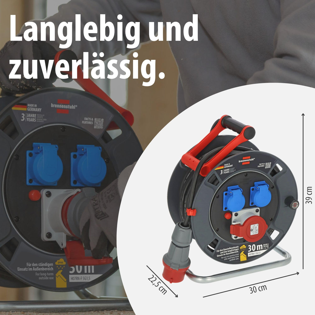 CEE-Kabeltrommel 30 m IP44 H07RN-F 5G1,5 400 V 16 A mit CEE-Steckdose und 2 Schutzkontakt-Steckdosen für Außenbereich