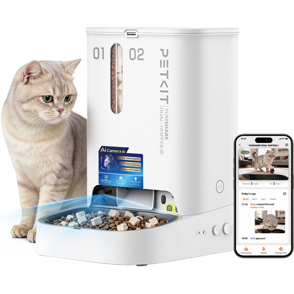 Automatischer Katzen Futterautomat YumShare Dual-Hopper 5 L mit Kamera Gesichtserkennung Doppelbehälter WLAN App Steuerung
