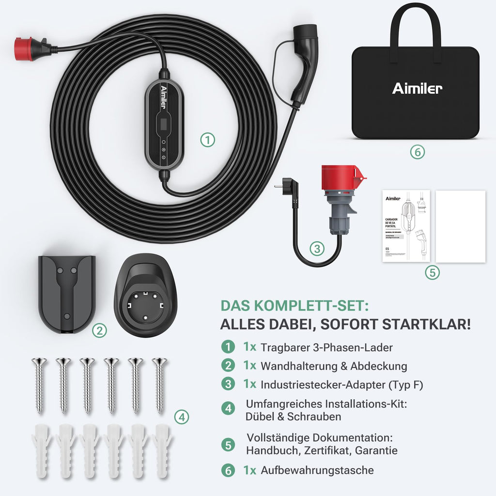 Mobile Wallbox 11kW mit App 400V 16A 3-phasig 7,6m Typ 2 Ladekabel CEE IP66 OLED Wandmontage für E-Autos