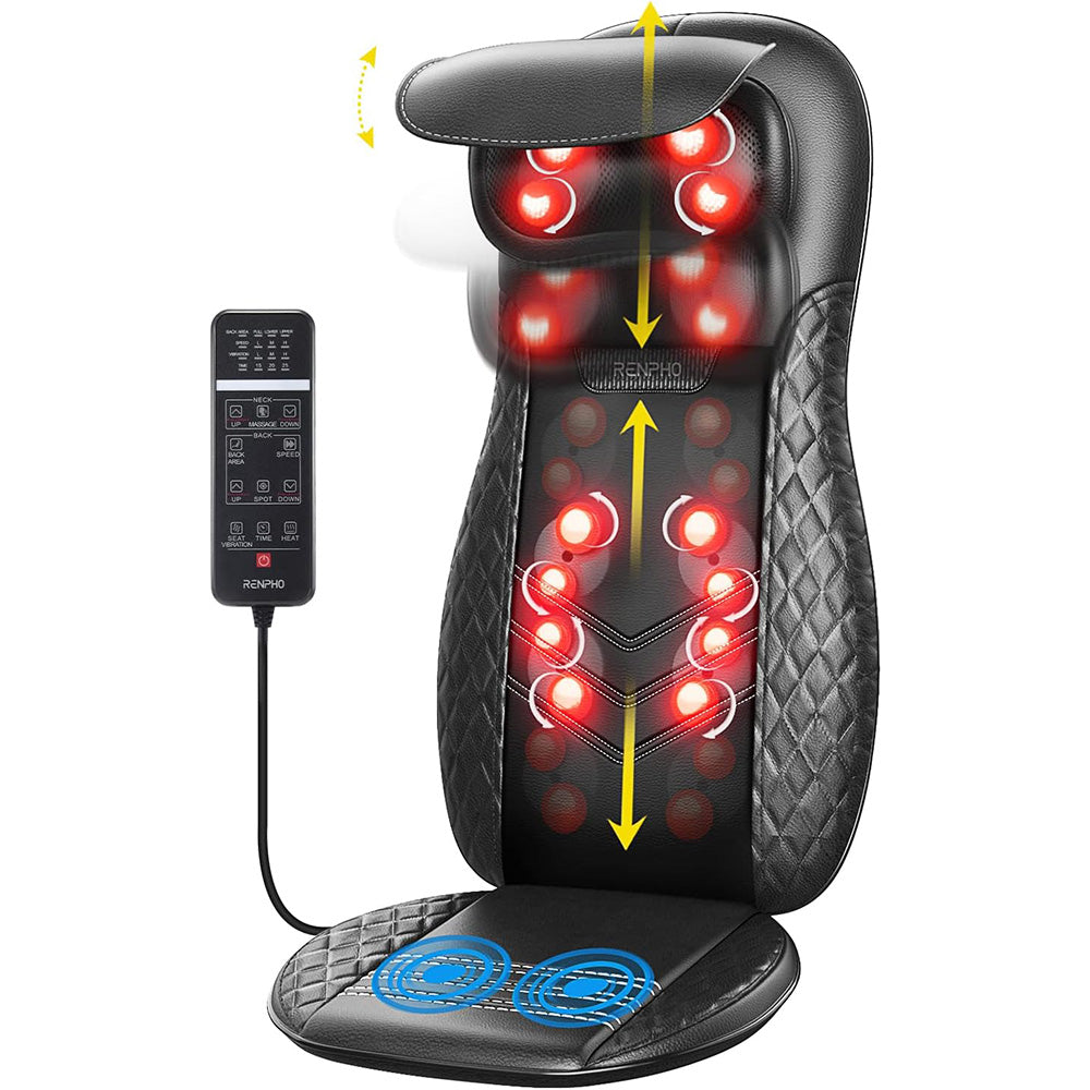 Shiatsu Massagesitzauflage für Rücken und Nacken 12 Massagerollen 3 Massagezonen Wärmefunktion Sitzvibration Verstellbare Nackenmassage