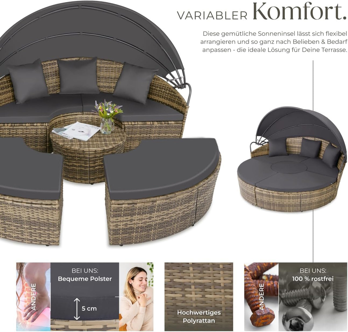 Polyrattan Sonneninsel Santorin II wetterfest 175 x 171 cm mit Sonnendach und Kissen