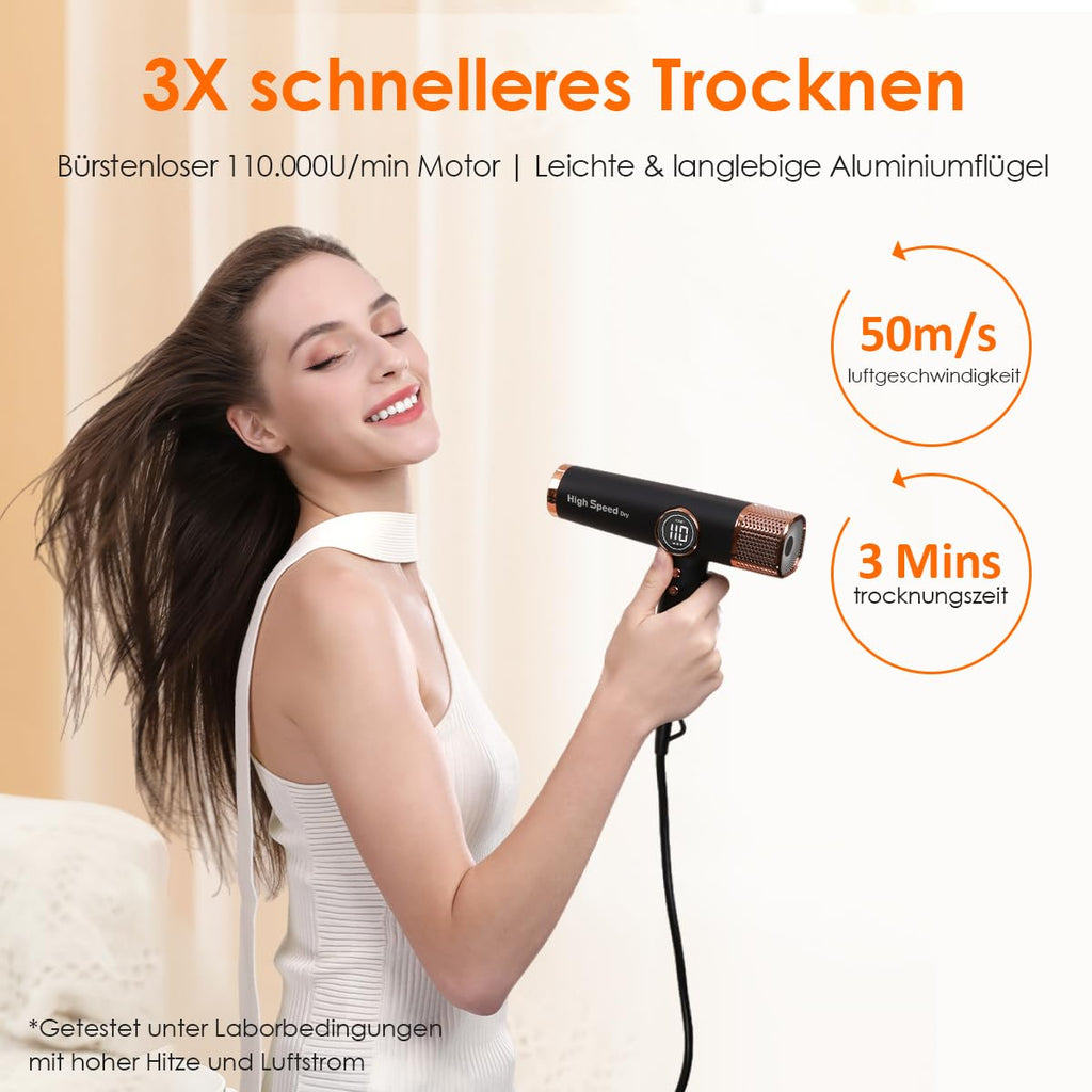 Haartrockner 1700 W 110.000 RPM bürstenloser Motor 12 Einstellungen LED-Anzeige Ionentechnologie 3 Magnetdüsen Schwarz