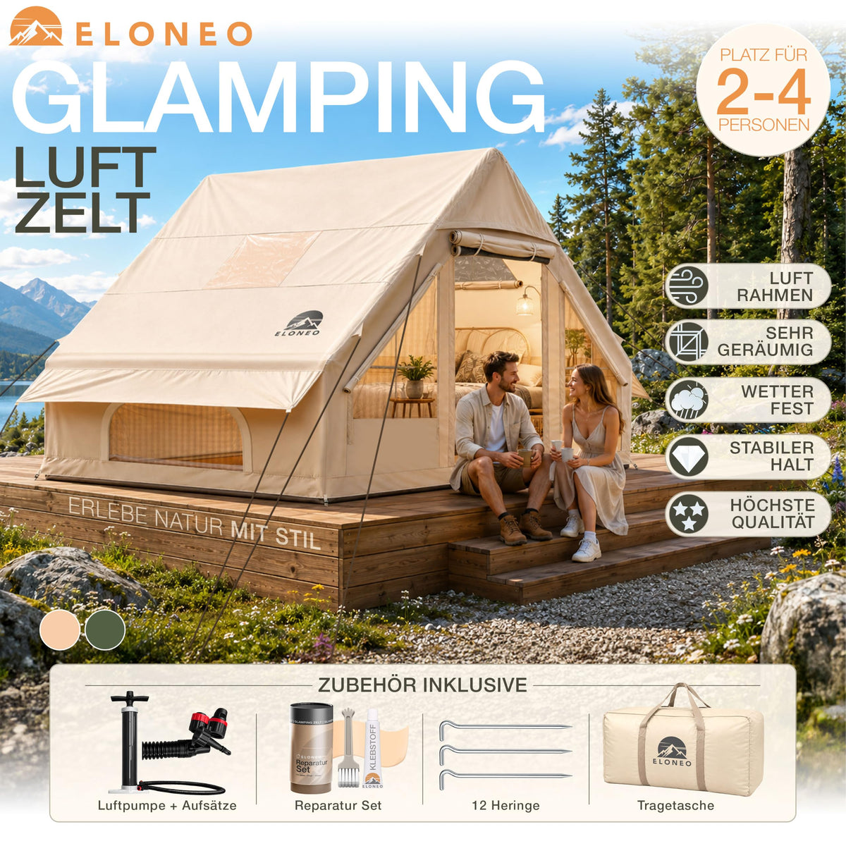 Aufblasbares Glamping-Zelt 72605 für 2–4 Personen 420D Oxford 4000–5000 mm mit Dachfenster und Luftpumpe