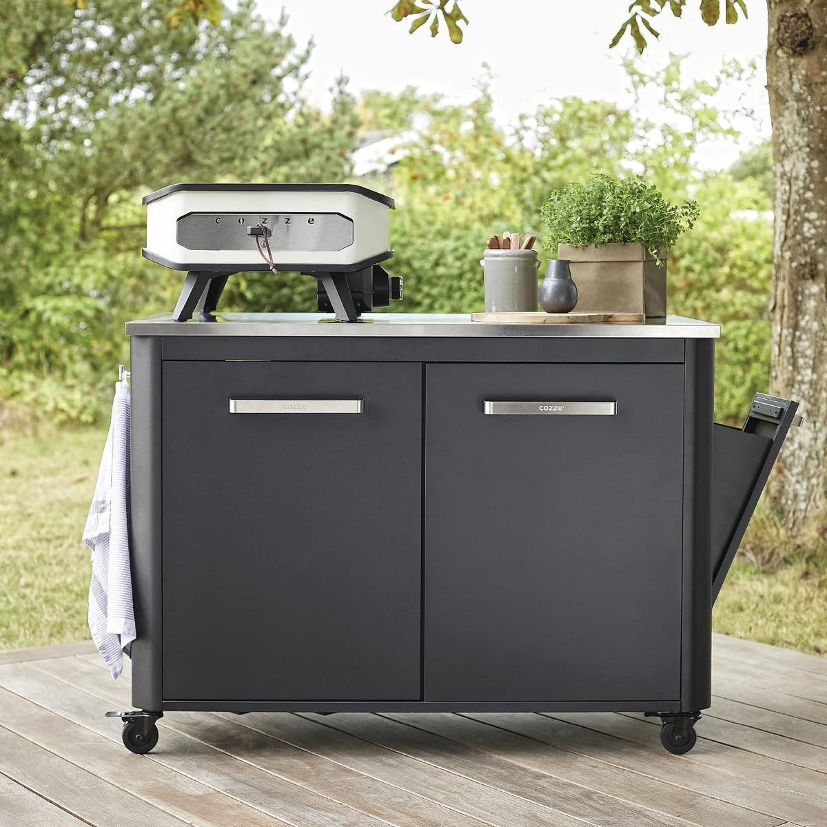 Outdoor-Küchenschrank mit Edelstahlplatte 2 Türen 4 Rollen Gasflaschenhalterung 127 x 67 x 90 cm