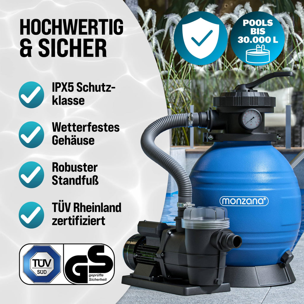 Sandfilteranlage SF96K 9600 l/h 400 W für Pools bis 30000 l mit 25 l Filterkessel 7-Wege-Ventil und Filterbällen