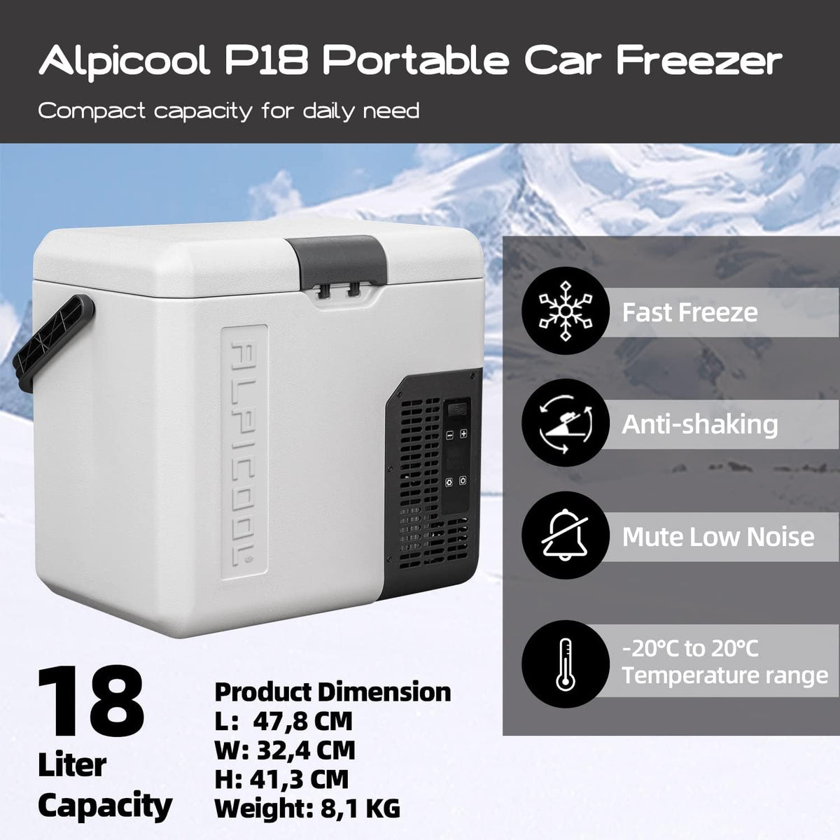 Tragbare Kompressor Kühlbox 18L 12V Mini Kühlschrank mit Gefrierfunktion -20°C Modell P18 für Auto Lkw Boot RV