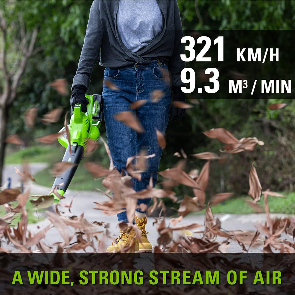 Akku Laubbläser und Laubsauger GD24X2BVK4X 48 V 322 km/h 9 m³/min mit 45 L Fangsack 2 x 4 Ah Akku und Ladegerät
