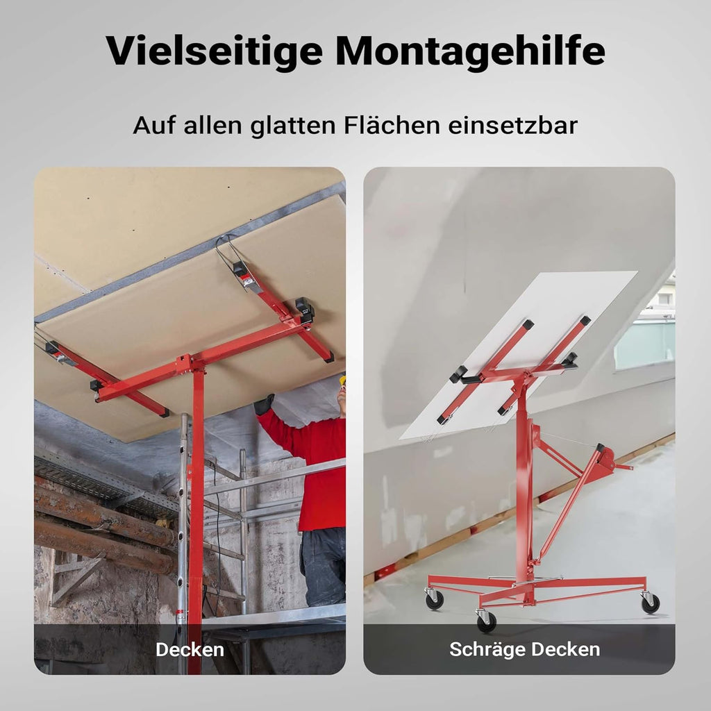 Plattenheber XXL 50790 Trockenbau 68kg Tragkraft 140–350cm Höhe 2,90m Breite 3 Rollen mit Feststellbremse rot