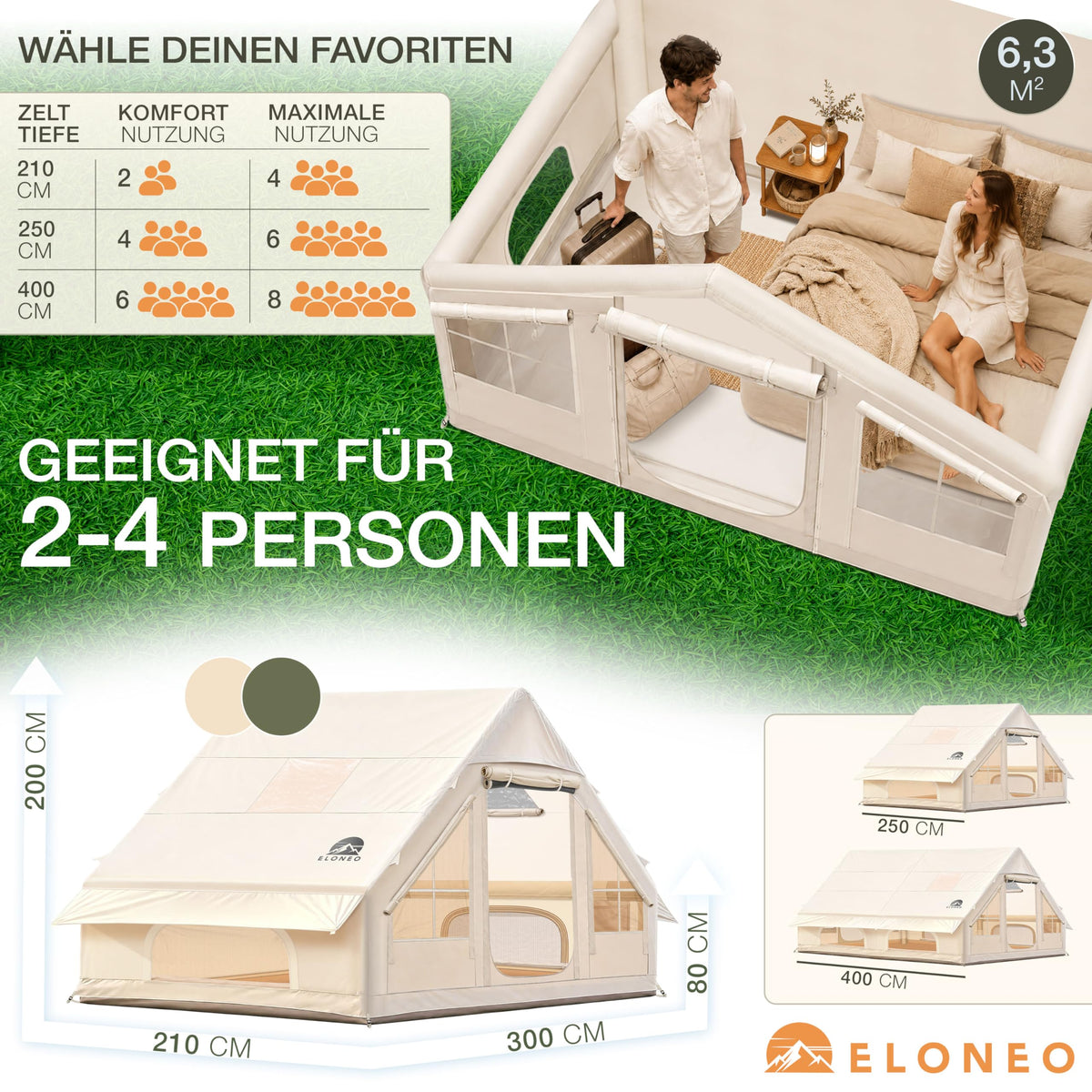Aufblasbares Glamping-Zelt 72605 für 2–4 Personen 420D Oxford 4000–5000 mm mit Dachfenster und Luftpumpe