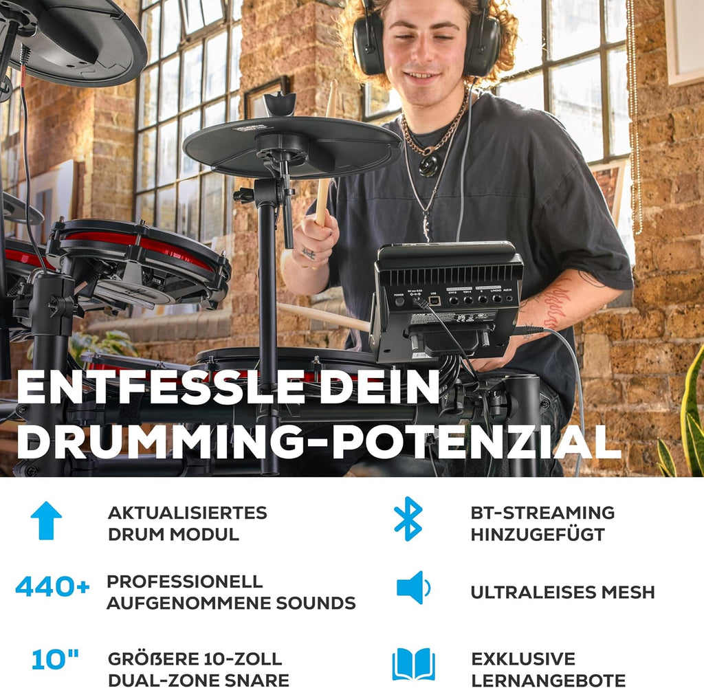 E-Drum Set 8-teilig Nitro Max Kit 10 Zoll Dual-Zone Snare Mesh Pads Bluetooth USB MIDI 440+ Sounds