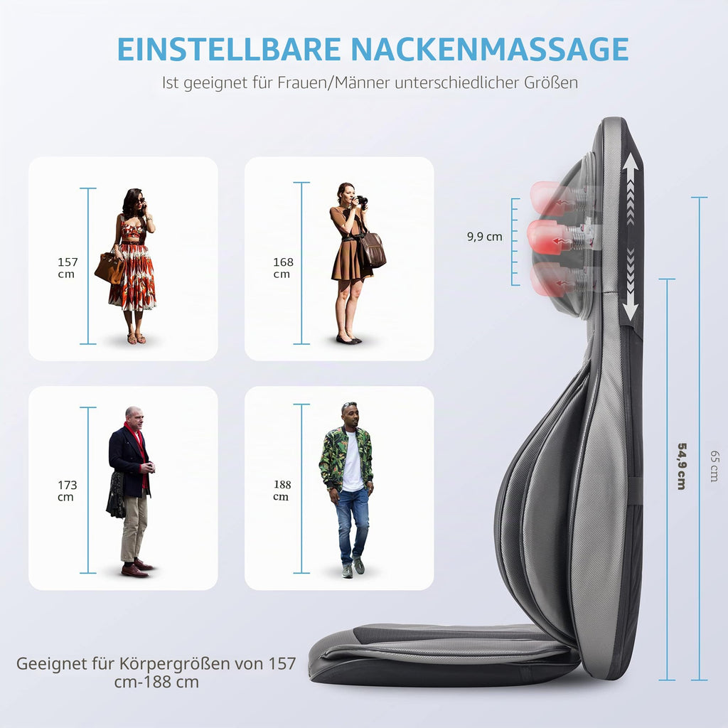 Shiatsu Massagesitzauflage mit Wärme 3D-Knetmassage Rollenmassage 3 Intensitätsstufen 15-Minuten-Timer für Nacken Rücken Schultern