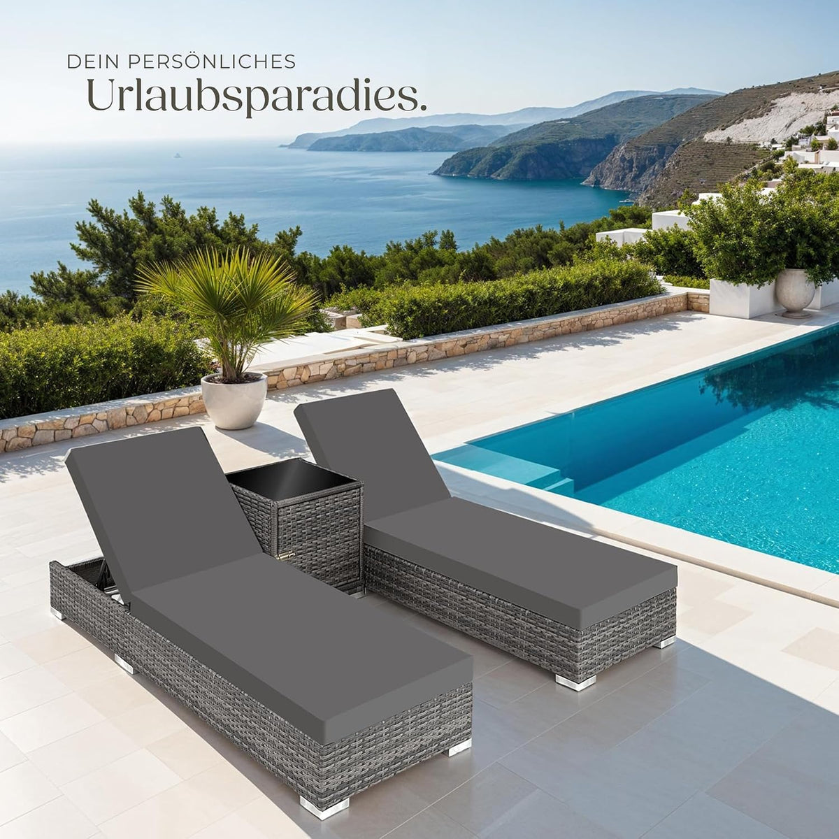 Gartenliege Set 2 Personen mit Tisch 403088 Aluminium Polyrattan Sonnenliegen 5-fach verstellbar inkl Schutzhülle Grau