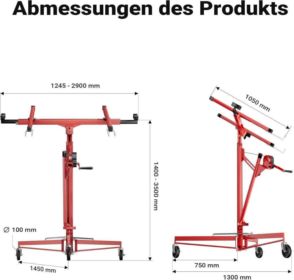 Plattenheber XXL 50790 Trockenbau 68kg Tragkraft 140–350cm Höhe 2,90m Breite 3 Rollen mit Feststellbremse rot