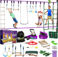 Ninja Hindernisparcours für Kinder Slackline Set 16,8 m mit Kletternetz Seilleiter Gymnastikringen Outdoor Trainingsgerät