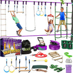 Ninja Hindernisparcours für Kinder Slackline Set 16,8 m mit Kletternetz Seilleiter Gymnastikringen Outdoor Trainingsgerät