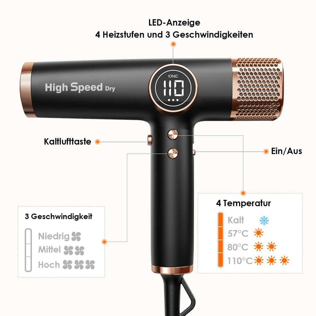 Haartrockner 1700 W 110.000 RPM bürstenloser Motor 12 Einstellungen LED-Anzeige Ionentechnologie 3 Magnetdüsen Schwarz