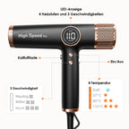 Haartrockner 1700 W 110.000 RPM bürstenloser Motor 12 Einstellungen LED-Anzeige Ionentechnologie 3 Magnetdüsen Schwarz