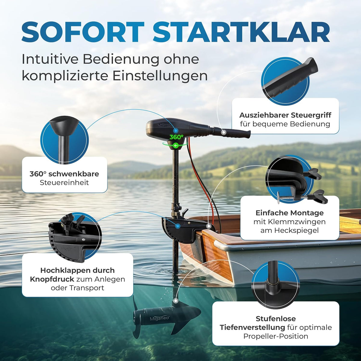 Elektro Bootsmotor Außenborder 12V 62 lbs Schub 696W Modell 62 für Schlauchboote mit Vorwärts- und Rückwärtsgängen