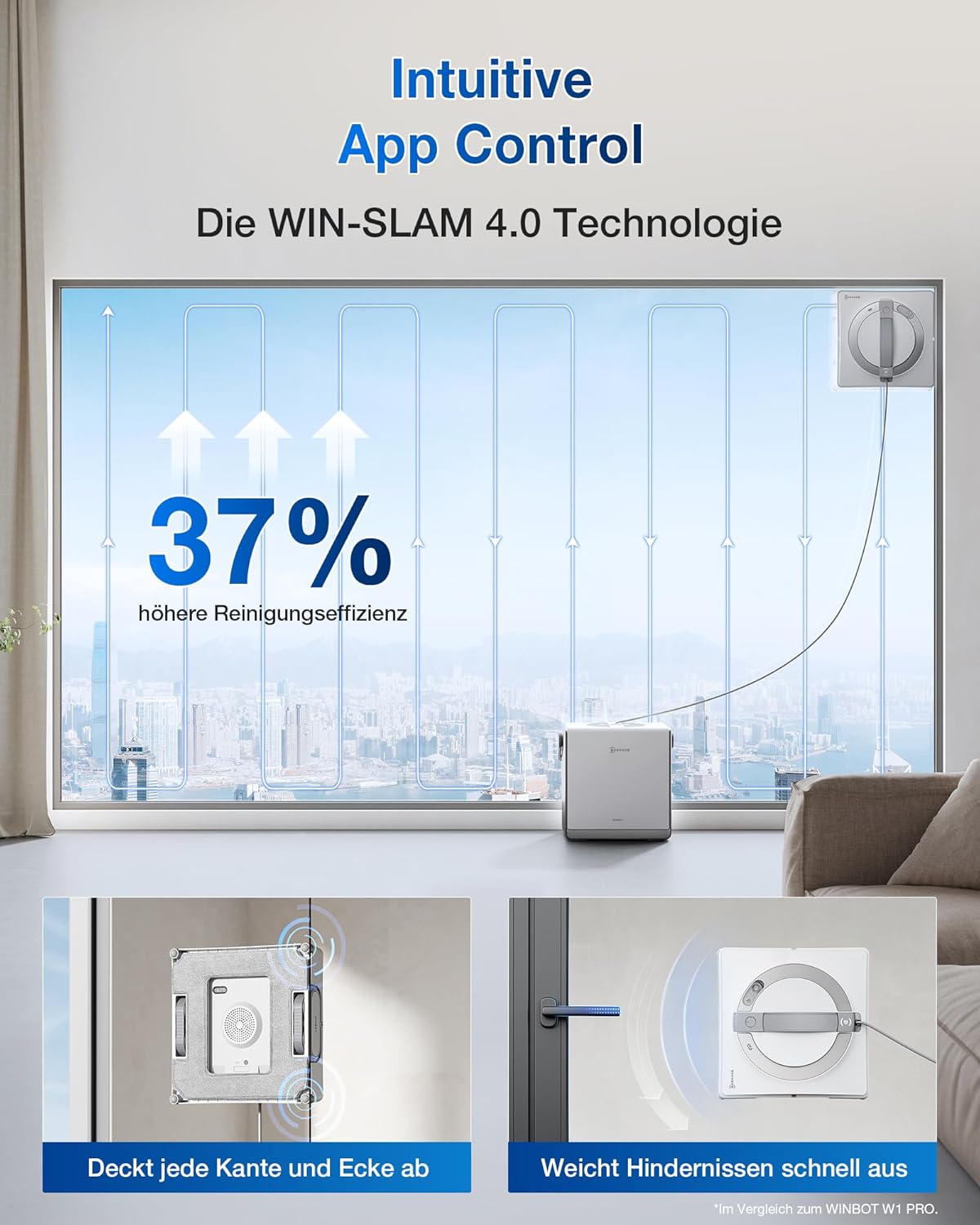 Fensterputzroboter W2 Pro Omni WG851-11 Glasreinigung 6-in-1 Station Win-SLAM 4.0 12-Stufen Schutz 3-Düsen Sprühkopf Weiß