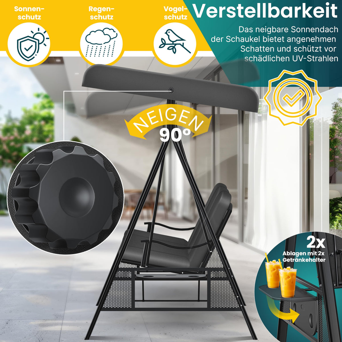 Hollywoodschaukel 3-Sitzer mit Sonnendach Sitzpolster Edelstahlrahmen bis 360 kg Anthrazit Sitztiefe 118 cm