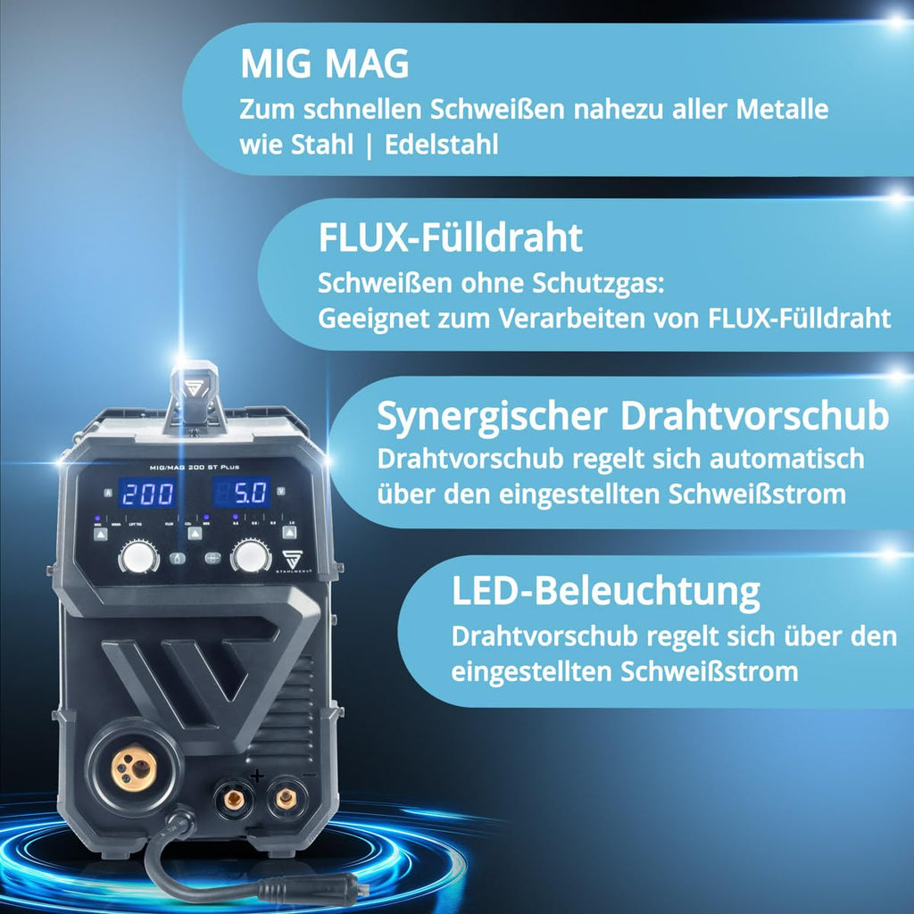 Schutzgasschweißgerät MIG MAG 200 ST 200 A IGBT Inverter synergischer Drahtvorschub FLUX Lift-TIG MMA