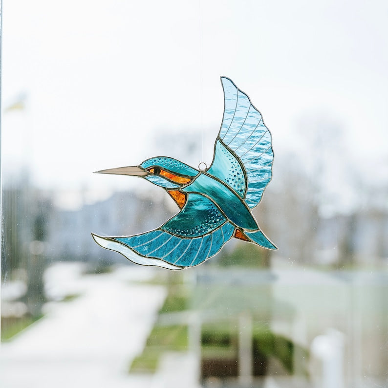Glasmalerei Eisvogel Suncatcher Fensterhängend Handgemacht 18x13cm
