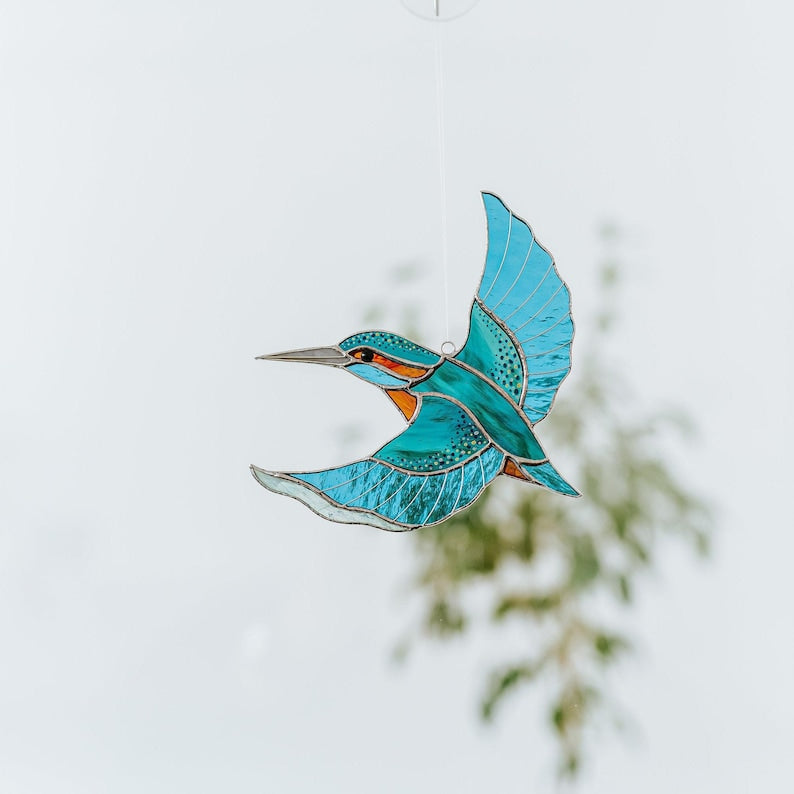 Glasmalerei Eisvogel Suncatcher Fensterhängend Handgemacht 18x13cm