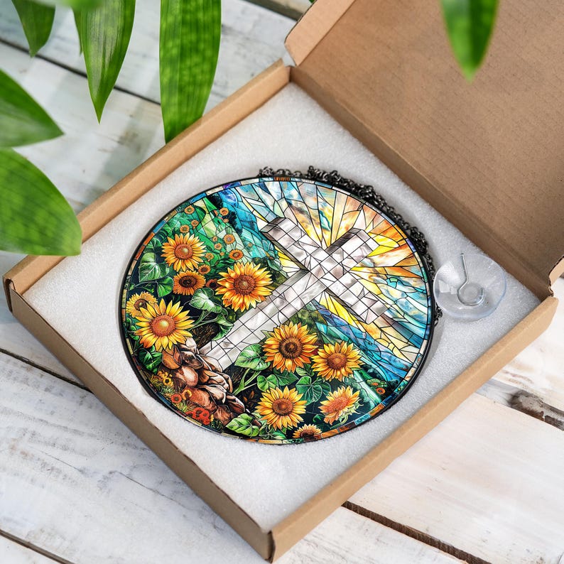 Glas Kreuz Suncatcher: Sonnenblume Christliche Fensterdekoration, 4 Größen