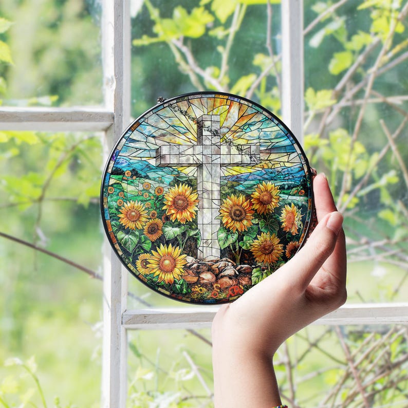 Glas Kreuz Suncatcher: Sonnenblume Christliche Fensterdekoration, 4 Größen
