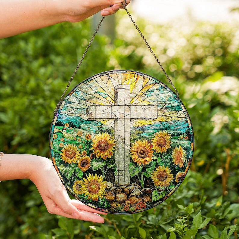 Glas Kreuz Suncatcher: Sonnenblume Christliche Fensterdekoration, 4 Größen