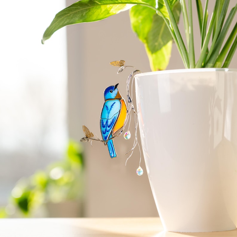 Stained Glass Bluebird Plant Stakes - Handgefertigtes Glas-Dekor mit Kristallen