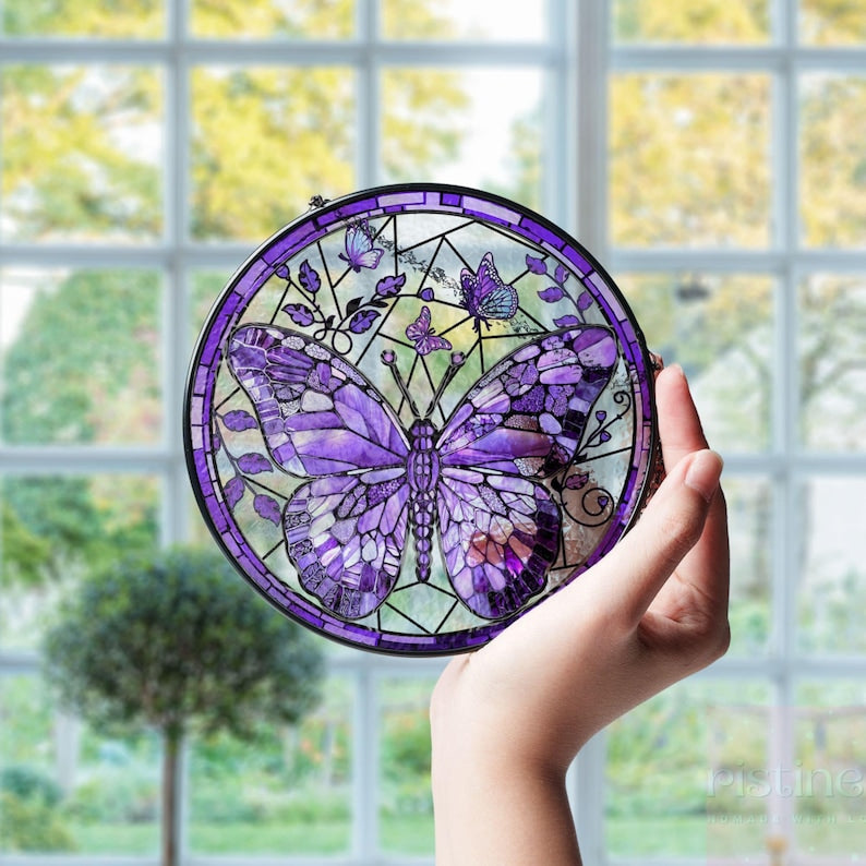 Lila Schmetterling, Buntglas-Sonnenfänger, Fensterdekoration zum Aufhängen, Gartendekoration