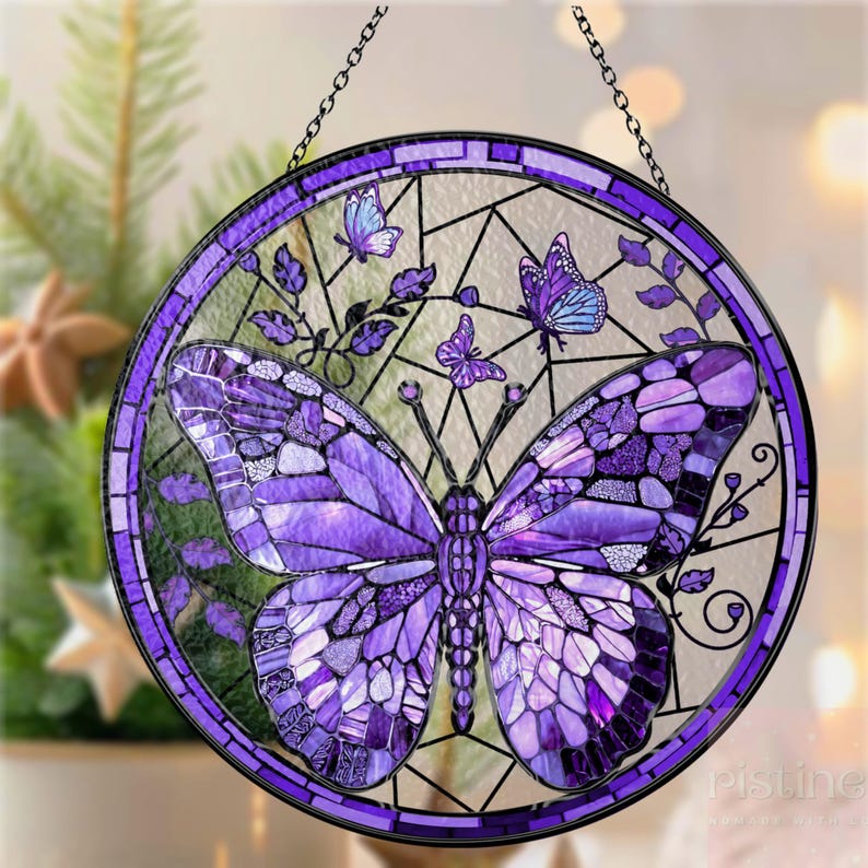 Lila Schmetterling, Buntglas-Sonnenfänger, Fensterdekoration zum Aufhängen, Gartendekoration
